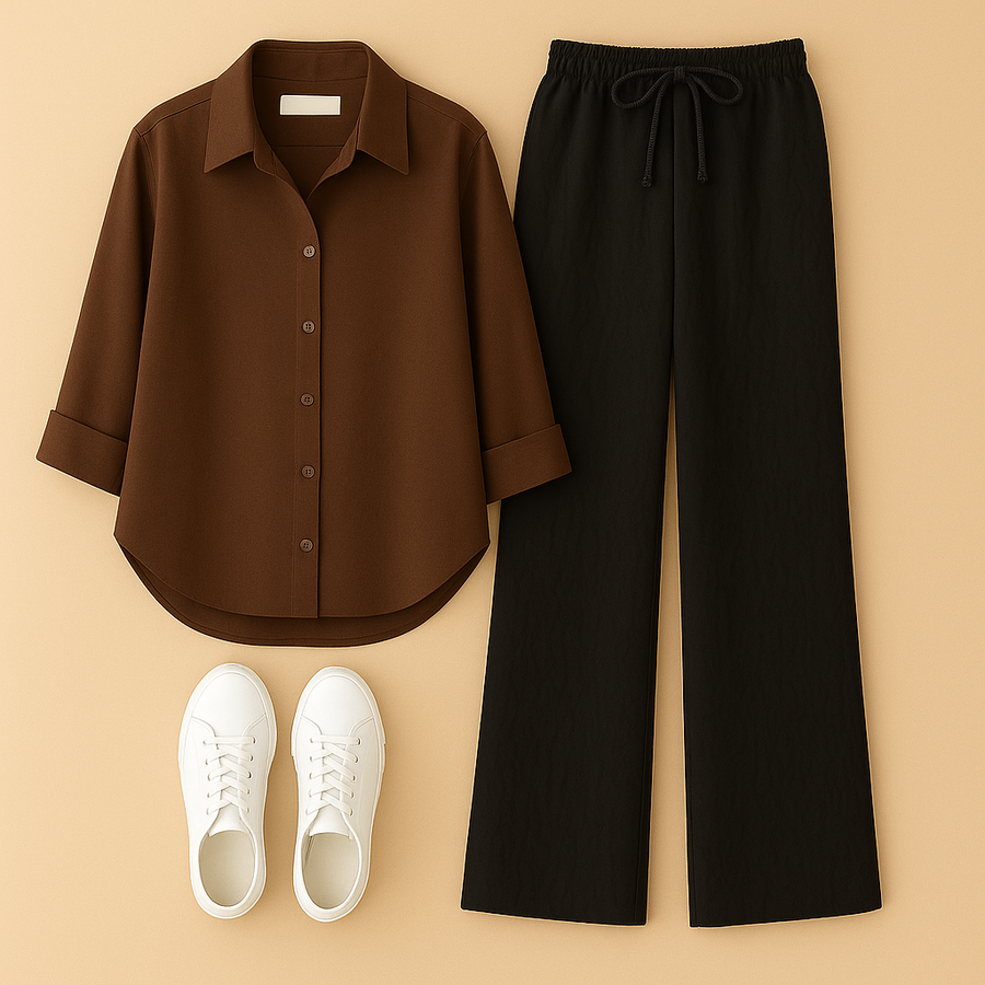 Brown Shirt + Black Trouser Duo Set