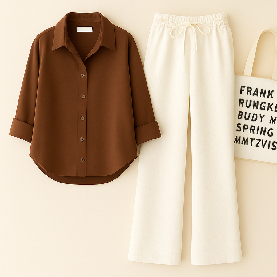 Brown Shirt + White Trouser Duo Set