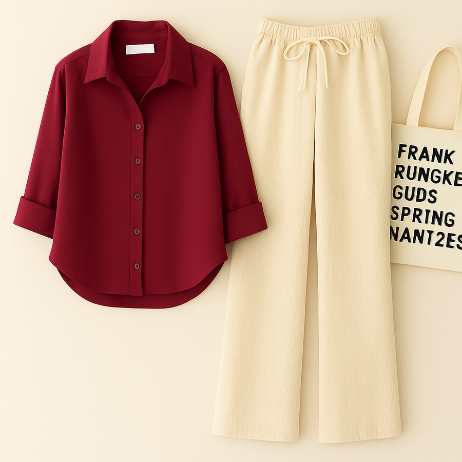 Maroon Shirt + Beige Trouser Duo Set
