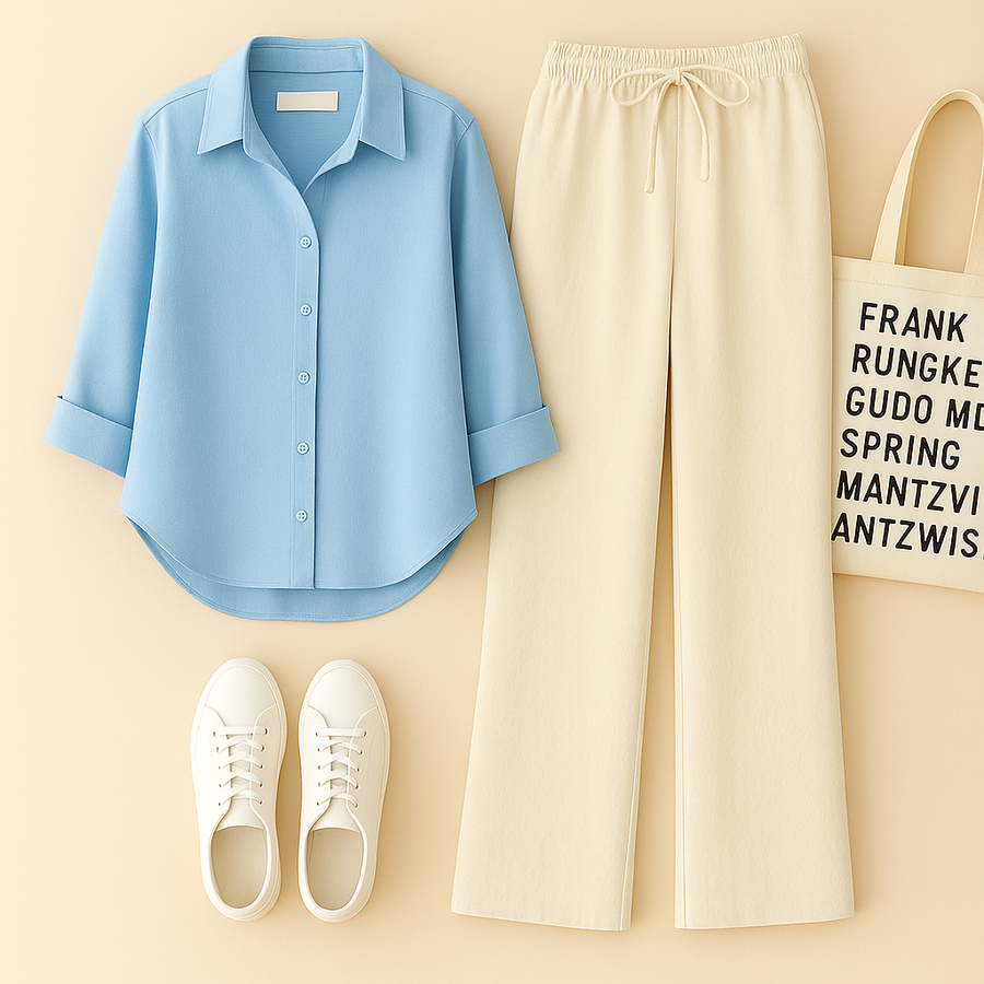 Sky Blue Shirt + Beige Trouser Duo Set