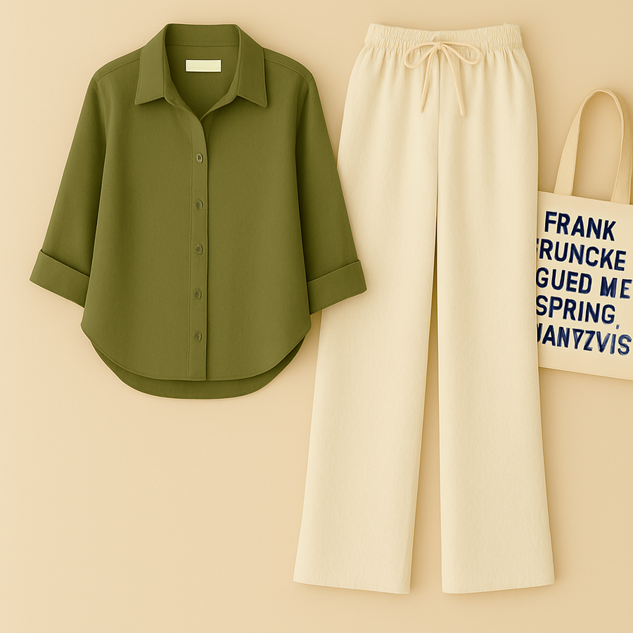 Olive Green Shirt + Beige Trouser Duo Set