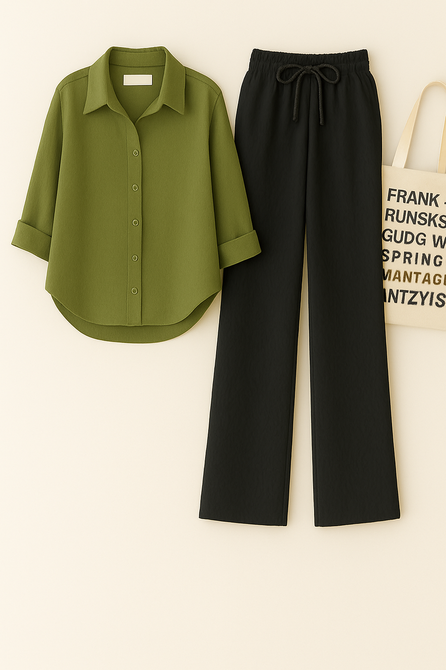 Olive Green Shirt + Black Trouser Duo Set