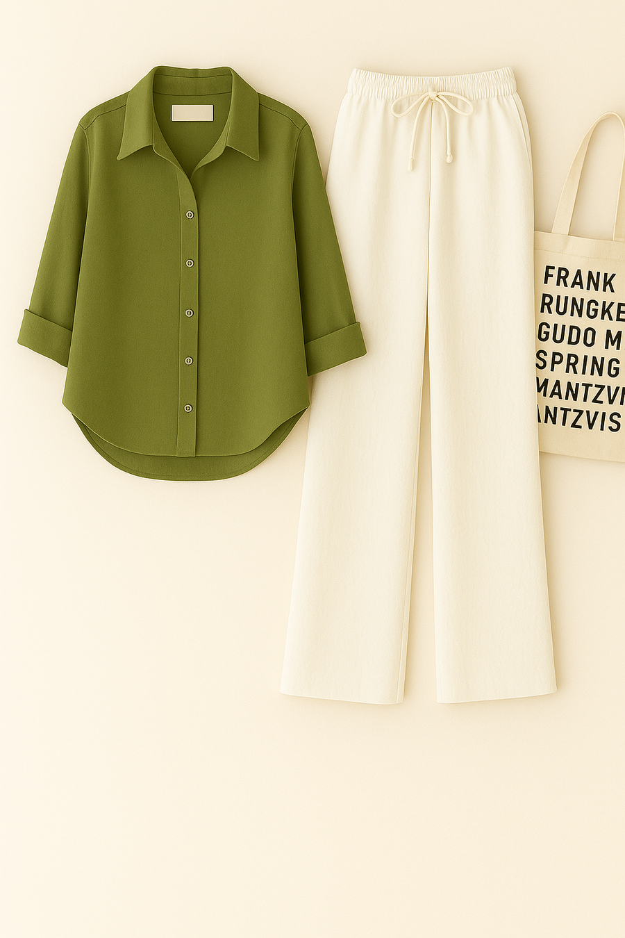 Olive Green Shirt + White Trouser Duo Set