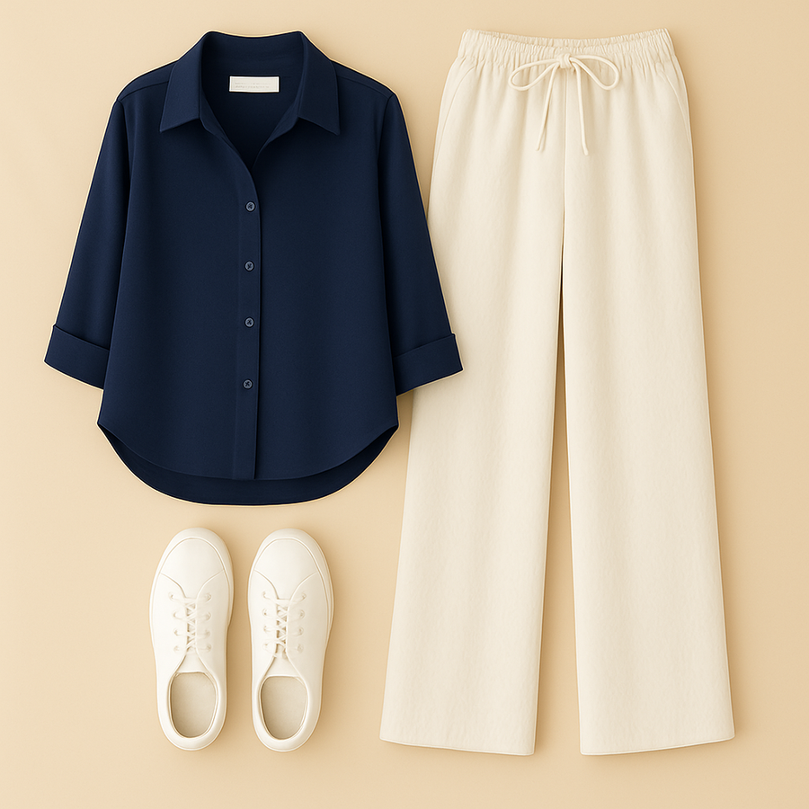 Navy Blue Shirt + White Trouser Duo Set