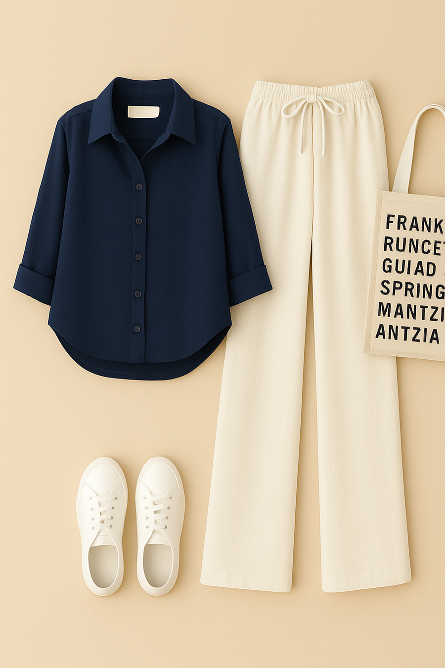 Dark Blue Shirt + Beige Trouser Duo Set