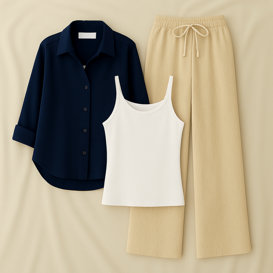Navy Shirt + Beige Trouser and White Inner