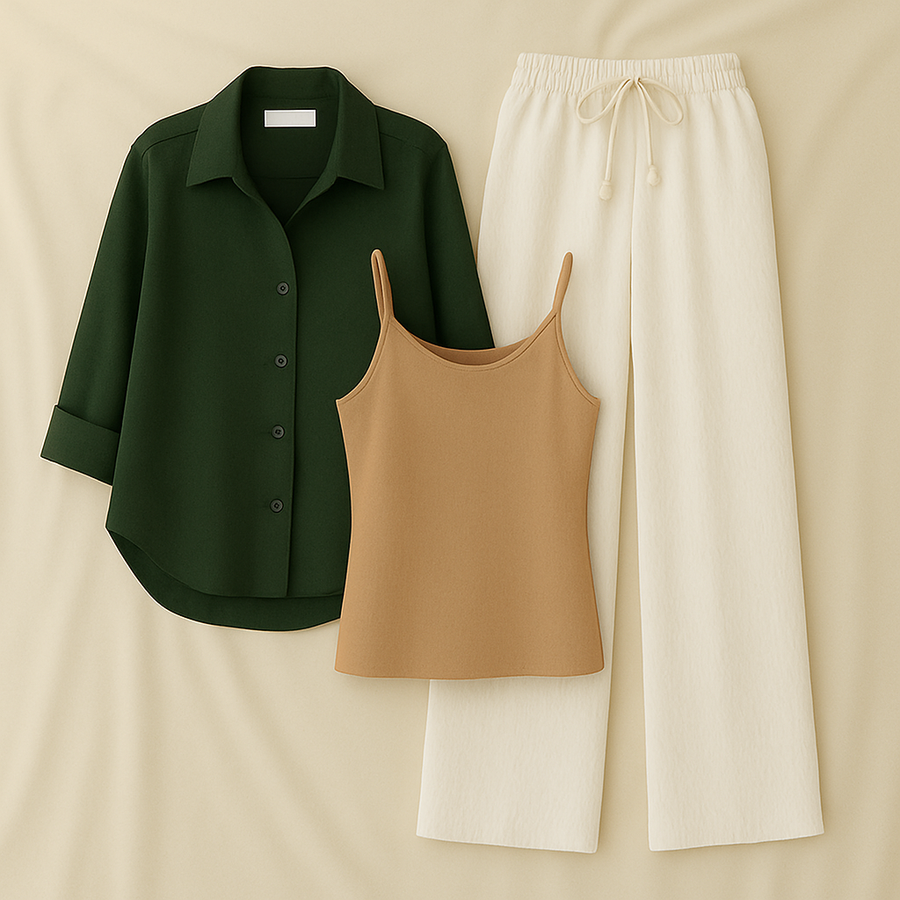 Dark Green Shirt + White Trouser and Beige Inner