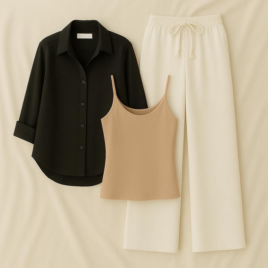 Black Shirt + White Trouser and Beige Inner