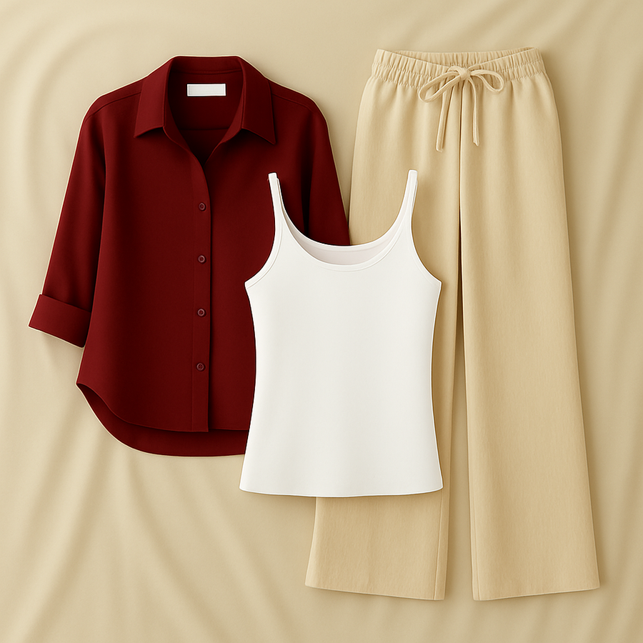 Maroon Shirt + Beige Trouser and White Inner