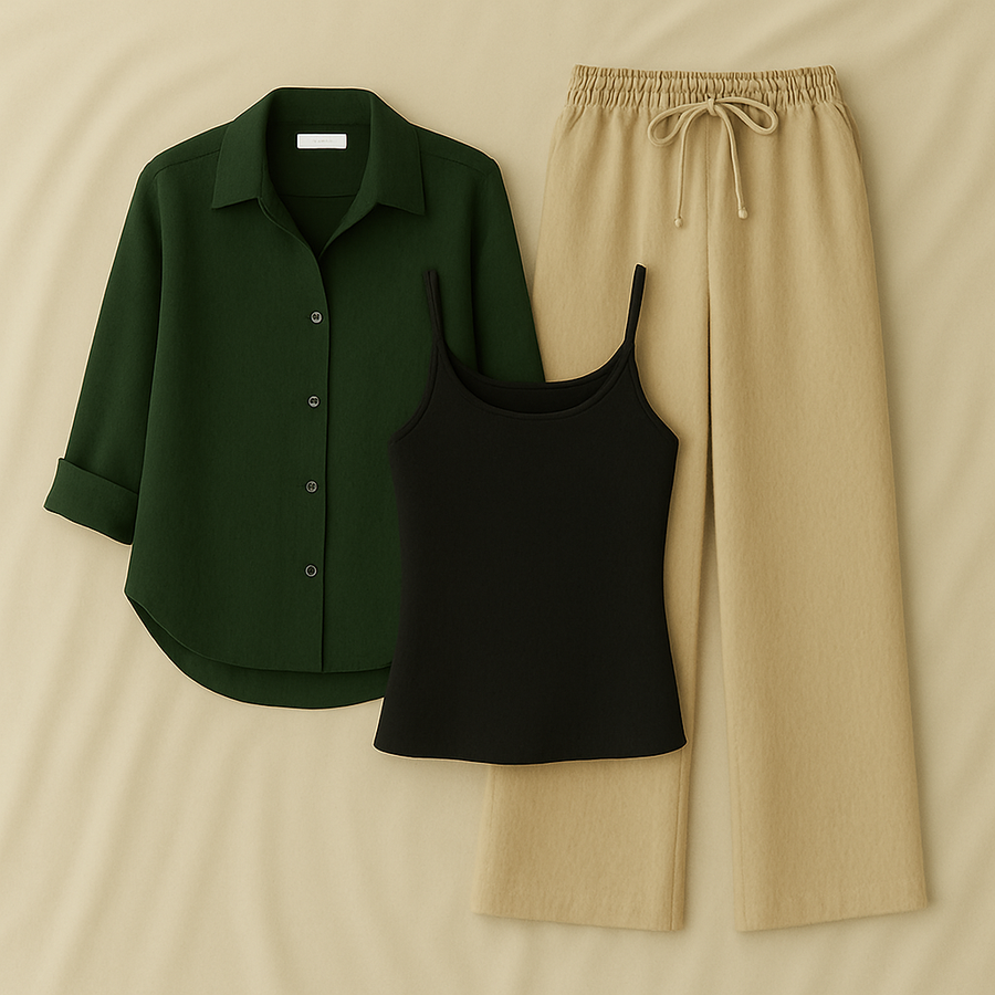 Dark Green Shirt + Beige Trouser and Black Inner